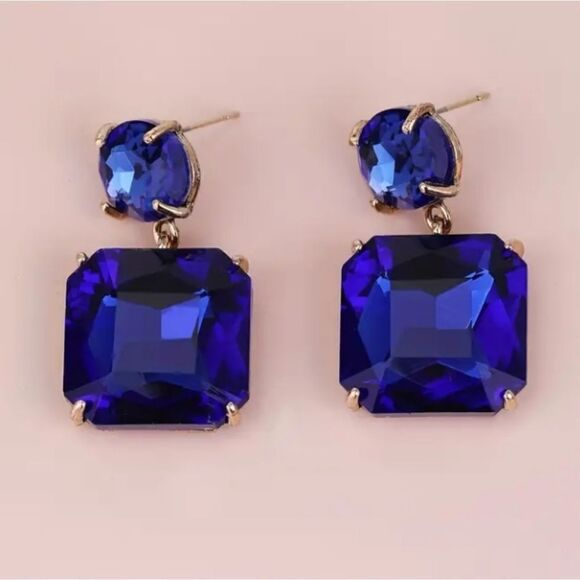 New Crystal Blue Square Drop Earrings - Picture 1 of 3
